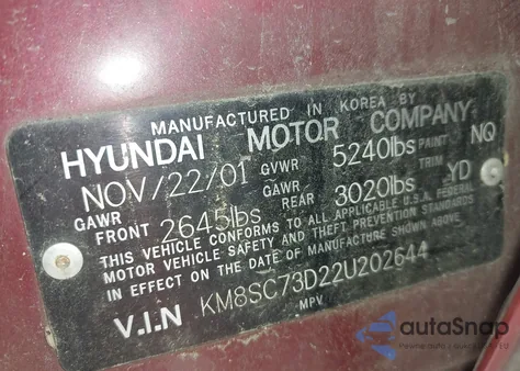 2002 Hyundai Santa Fe Gls/Lx from USA, damaged, VIN KM8SC73D22U202644
